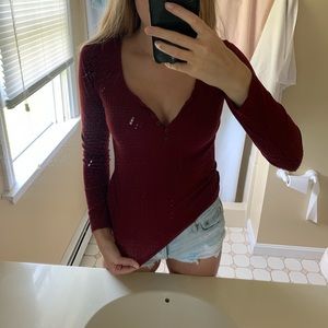 Maroon long sleeve waffle shirt